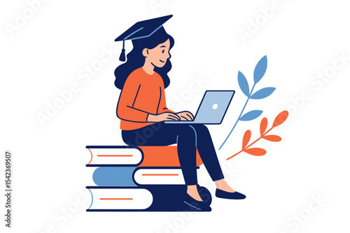 A young female student wearing a graduation cap is studying with her laptop, while sitting atop a pile of books and acquiring knowledge through online means, as depicted in a vector illustration