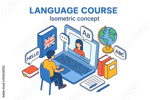 Concept of language course in isometric design, where a student acquires a foreign language through video and webinar tutorials, utilizing online education, presented in a line flat isometry style
