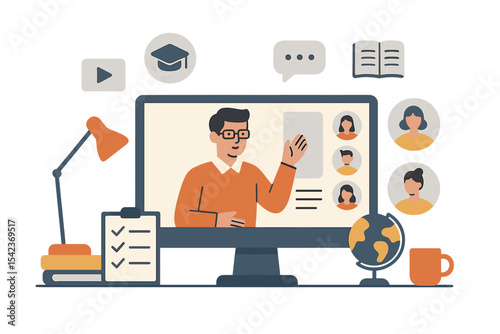 Vector template illustrating the concept of online education in a flat style, including distance learning, seminars, webinars, and online classes displayed on a monitor screen, as well as e-learning