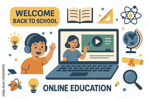 The concept of online education is represented by a flat design pattern featuring a child, a laptop with an educational app, and an e-learning platform