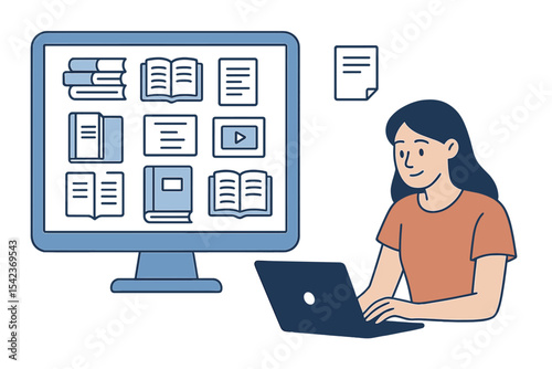Vector illustration of a digital resource library displayed on a computer screen, featuring a female student utilizing a laptop to study various course materials, books, and documents online