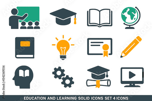 A set of solid icons representing education and learning is available, featuring tools for training, academics, and knowledge