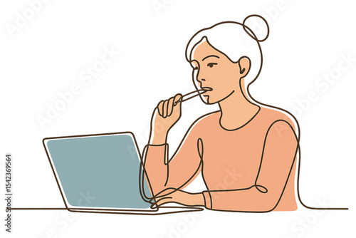 A woman engaged in e-learning sits continuously in front of her laptop, deep in thought as she bites a pen