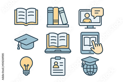 A set of icons for online education, including e-learning and e-book symbols, is available for use on websites, mobile sites, and apps, featuring images like Book, Library, and Webinar in 48x48 pixel