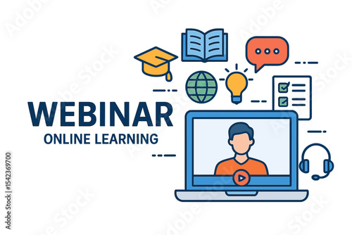 Online learning webinar banner featuring background and icons