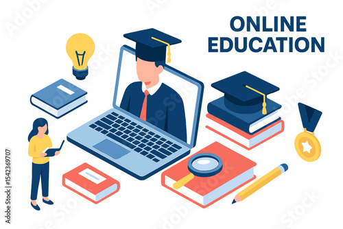 Modern flat design isometric illustration represents the concept of online education suitable for banners and websites, including landing page templates that symbolize graduation, e-learning, and
