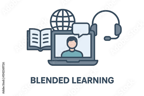 Vector illustration representing the concept of an e-learning icon, encompassing blended learning, webinars, technology support, and digital learning