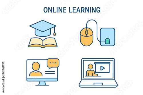 Online education symbol collection, featuring a thin line icon set that includes tuition, mouse pad, and webinar vector graphics