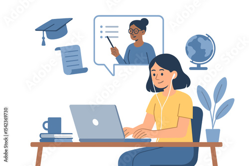Flat vector illustrations represent the concept of remote working and online education, where students utilize computers for learning and studying