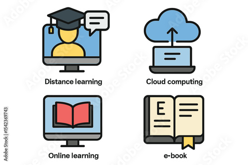 A compilation of symbols for online education is available, featuring distance learning, cloud computing, online learning, and e-book icons
