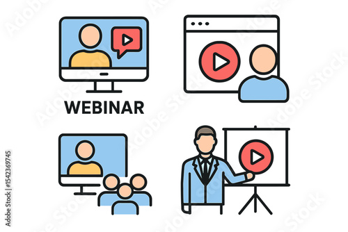 Icon set for webinars, symbolizing online seminars or events through a webcast sign in vector illustration, representing business training concepts