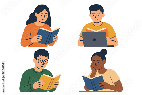 A collection of drawings featuring individuals reading a book, symbolizing education, studying, and online learning