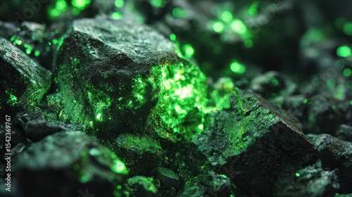 Glowstone Shards: Close-up of dark rocks illuminated by vibrant green light, creating a magical and otherworldly mineral appearance.