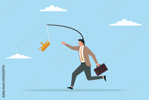Vector illustration of a businessman running to catch a crown hanging in front of him, representing ambition, motivation, and the relentless pursuit of power and success
