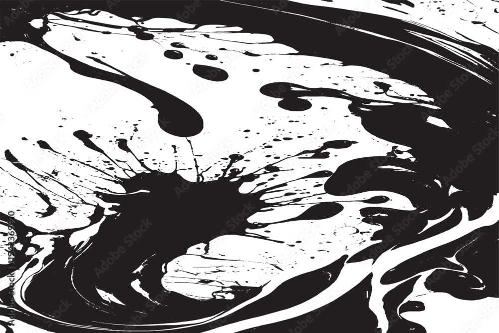 Dynamic Black Paint Splatter and Swirls on White