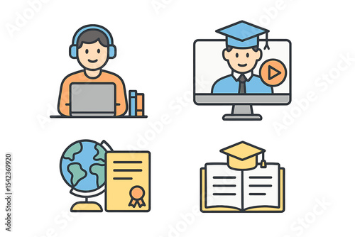 Vector graphics collection for online educational purposes, including distance learning and internet-based student training, represented in linear, contour, thin, and flat design, suitable for