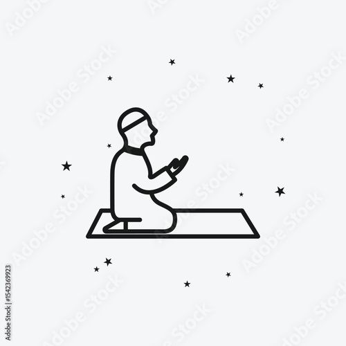 Muslim Man Praying on a Mat with Scattered Stars, Representing Islamic Prayer or Devotion, White Outline Icon
