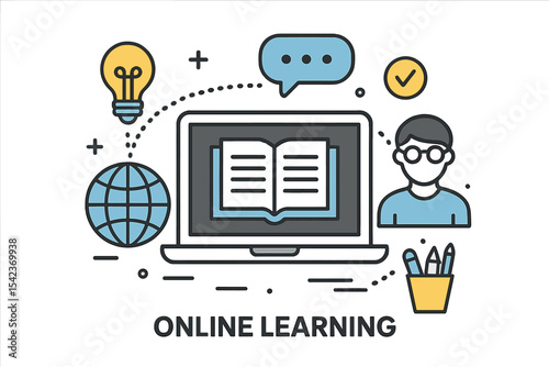 The modern graphic flat line design style is utilized in infographics to convey concepts of online learning and knowledge for various business materials