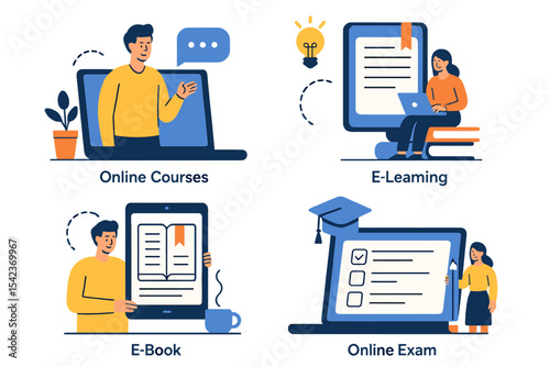A set of vector illustrations for online education is available, featuring concepts such as digital courses, e-learning, and online libraries