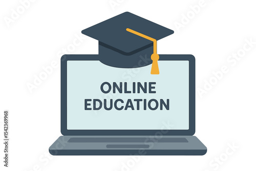 Online education depicted as a laptop wearing a graduate hat in a flat vector illustration