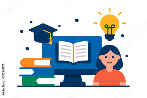 The concept of flat design for educational websites and landing page templates encompasses online education, training, courses, and learning through vector illustration