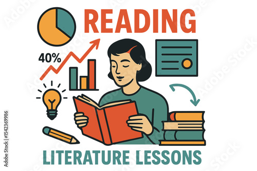 Modern art collage, incorporating infographics design, represents the concept of education through reading and literature lessons, emphasizing creativity, study, and e-learning in a retro style