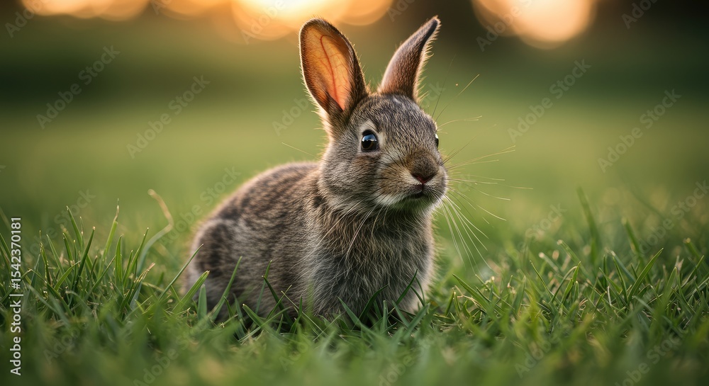Fototapeta premium A small brown rabbit sits in a field of green grass at sunset