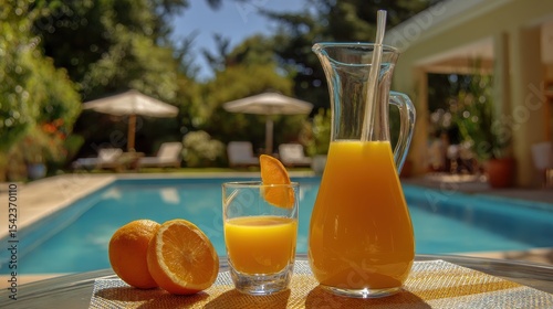Refreshing orange juice by the pool: the perfect summer moment. A glass pitcher fills a glass with orange juice with whole and cut oranges.