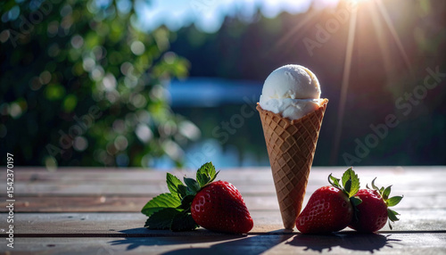 Bright still life with strawberries, mint and ice cream in a waffle cone in the light of the summer sun