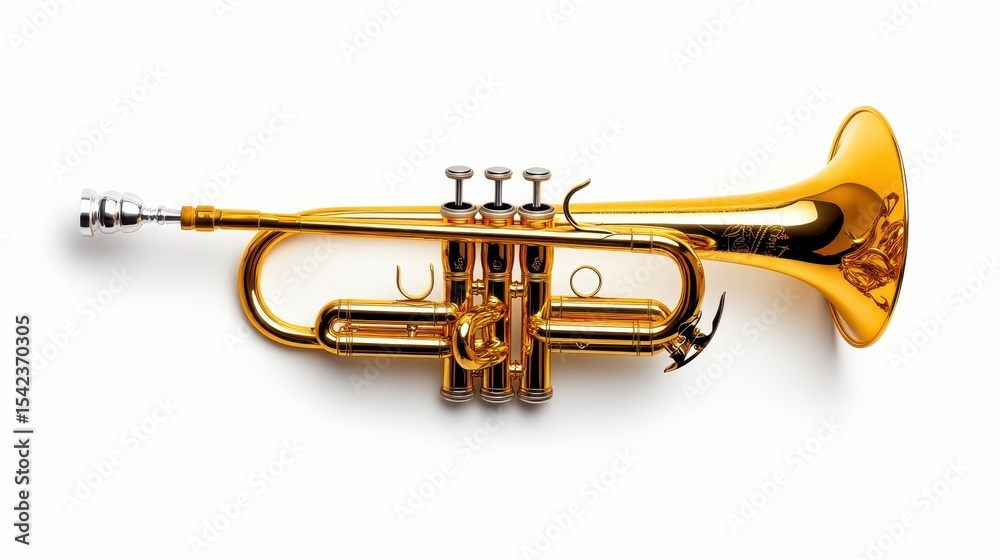 Obraz premium A beautifully shiny gold trumpet accentuates its intricate details and craftsmanship, positioned perfectly on a pure white background for maximum visual impact, perfect for music themes.