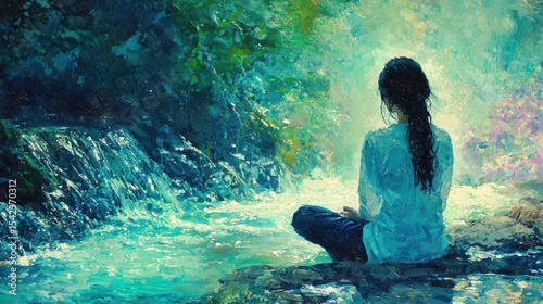 Woman meditating waterfall