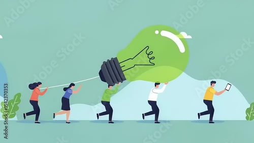 Close-up  Teamwork carries a large lightbulb