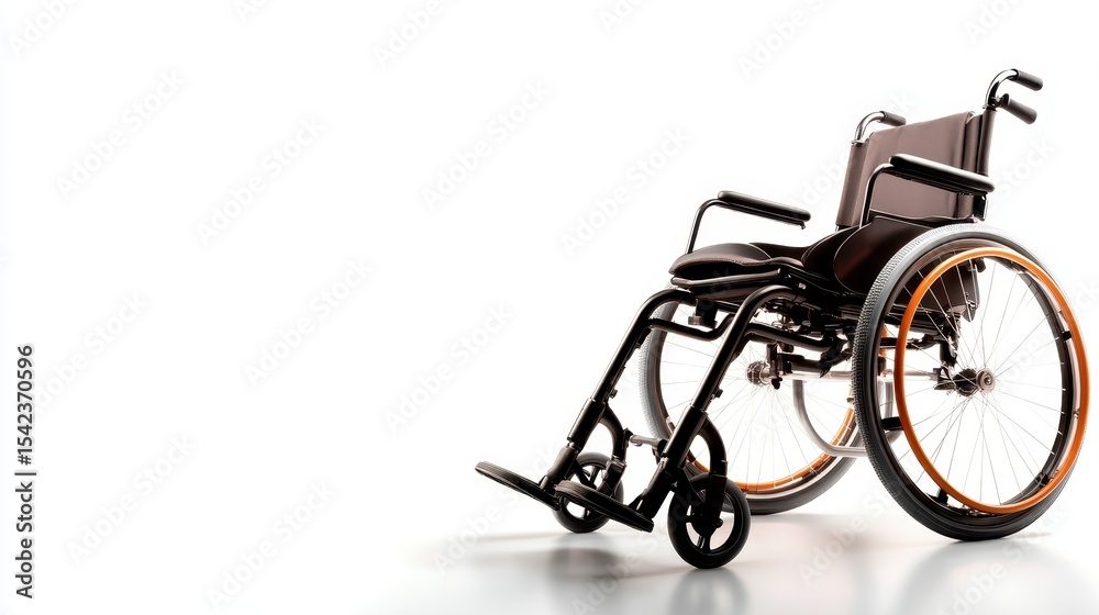 Fototapeta premium This thoughtful image of an empty wheelchair set against a bright white background evokes feelings of hope, independence, and inclusivity, highlighting accessibility in modern design.