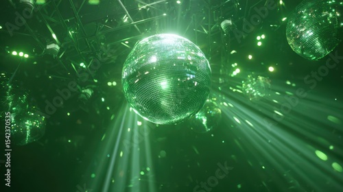 Glittering disco balls reflect beams of light in a vibrant, green-toned dance space, creating a festive and energetic atmosphere.