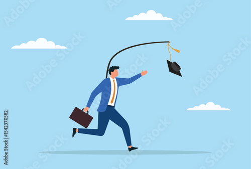 Vector illustration of a man running to catch a graduation cap hanging in front of him, symbolizing the pursuit of education, academic success, and the determination to achieve goals
