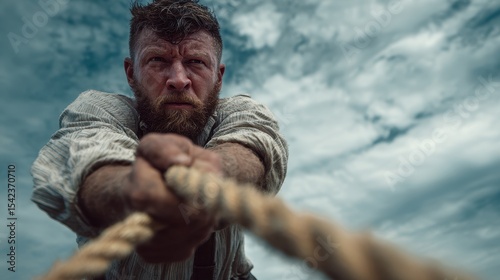 Bearded man pulls a taut rope with determination against a backdrop of cloudy skies, conveying strength, effort and struggle.