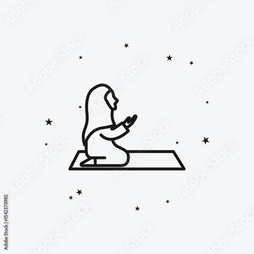 Muslim Woman Praying on a Mat with Scattered Stars, Representing Islamic Prayer or Devotion, White Outline Icon