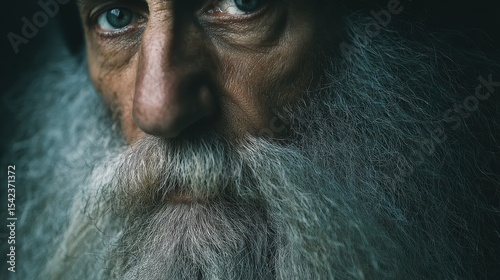 Close up portrait of a man with a long gray beard and piercing eyes, evoking wisdom and age in a shadowy, contemplative setting.