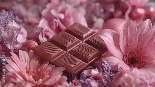 Delicious chocolate bar in a vibrant pink floral setting, merging sweetness with natural beauty for a visually delightful scene.