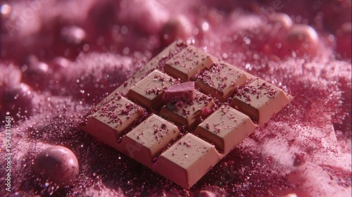 A delicious square chocolate block, adorned with berry crumbles and set amidst a pink glittery, surreal landscape. Indulgence.