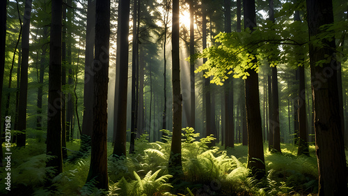 Sunlight filtering through tall forest trees, fresh green tones, natural vertical image
