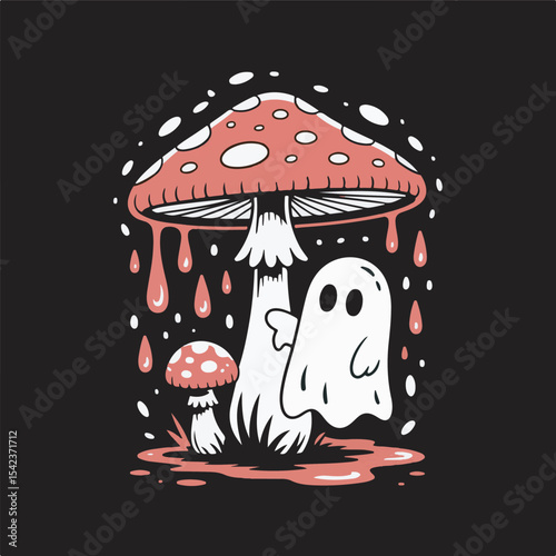 Spooky Cartoon Illustration Featuring a Large Red Mushroom with White Spots Dripping Red Liquid a Small Red