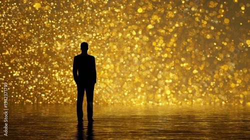 Silhouette of a person standing in water with golden lights bokeh. The background is filled with bright, blurry golden bokeh.