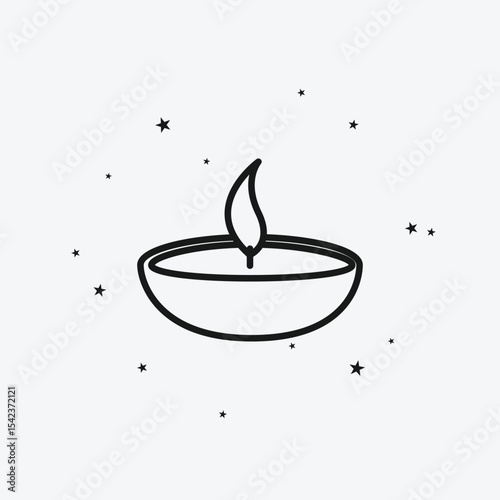 Traditional Diya Lamp with Flame and Scattered Stars on Light Background, Representing Festivals or Spirituality, White Outline Icon