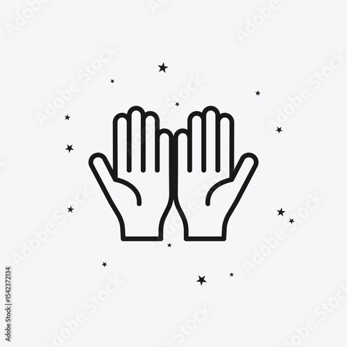 Praying Hands with Scattered Stars on Light Background, Representing Prayer, Faith, or Spirituality, White Outline Icon