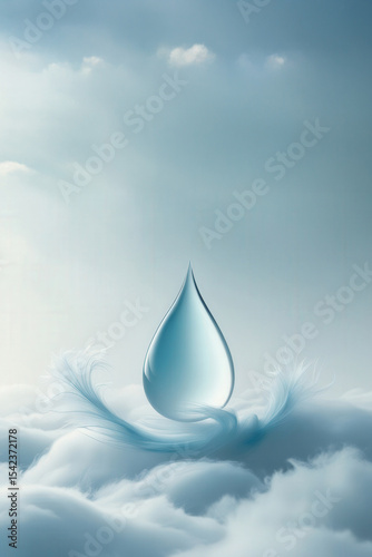 The pristine drop of water crystallized in the sky, a large clear drop is a representation of purity and the natural world.
