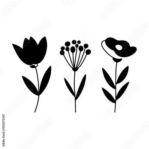 Bold Floral Silhouette Trio. Three rich black floral silhouettes for a modern and stylish design. Great for prints, logos and labels.