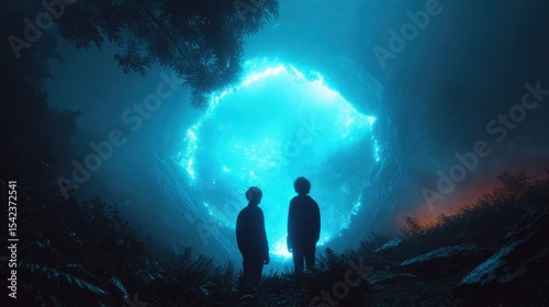 Silhouetted figures gaze upon a glowing portal, a beacon in the dim, fern-filled landscape, hinting at a journey into the unknown.