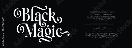 Elegant Font Uppercase Lowercase And Number. Minimal modern urban fonts for logo, brand etc. Typography typeface uppercase lowercase and number. vector illustration | Black Magic Variation 