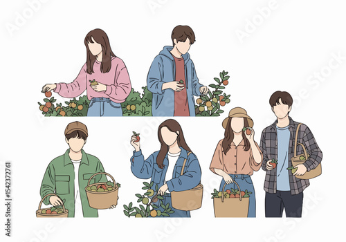 Artistic Line Drawing Group of People Harvesting Fruit Together Illustration